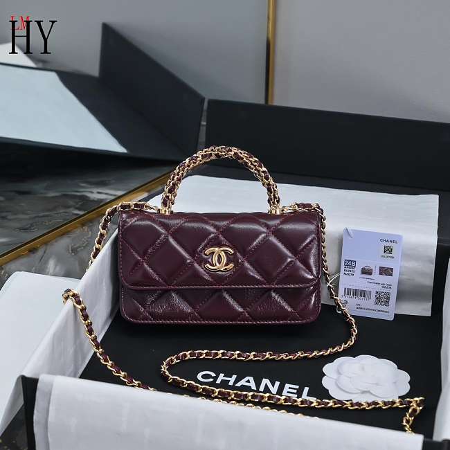 Chanel Flap Phone Holder Shiny Lambskin Burgundy 17cm - 1