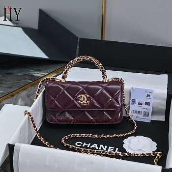 Chanel Flap Phone Holder Shiny Lambskin Burgundy 17cm