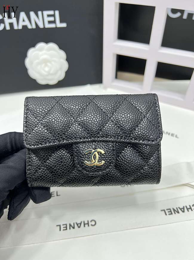 Chanel Classic Card Holder Calfskin Black Gold 11*8.5*3 - 1