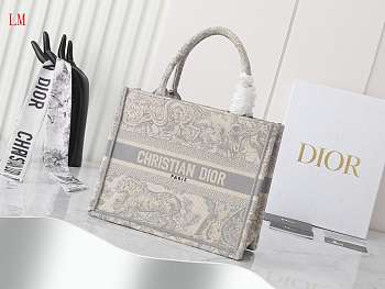 Dior Book Tote Grey Toile De Jouy Embroidery 26.5 x 21x14 cm