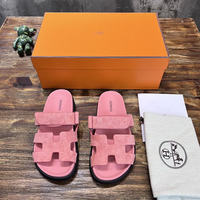 Hermes H-shaped Velcro flat sandals pink - 1