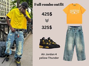 Combo street wear yellow Tshirt + Balenciaga jeans + Jordan 4 yellow thunder