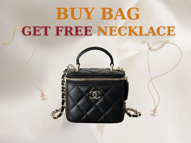 CHANEL Lambskin Quilted Top Handle Mini Vanity Case With Chain in Black size 10×7×9cm - free Chanel necklace - 1