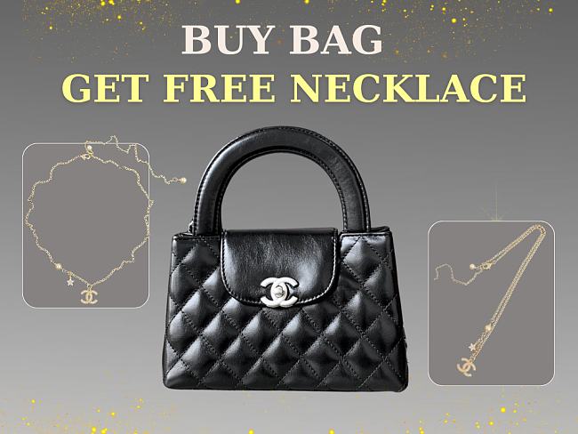 Chanel Black Quilted Aged Calfskin Mini Kelly Bag Aged Silver Hardware size 13x19x7cm - free Chanel necklace - 1