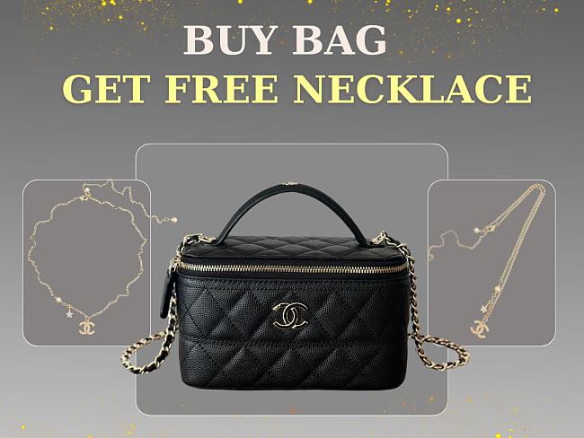  Chanel Caviar Quilted CC Top Handle Vanity Case With Chain Black size 17 x 9.5 x 8 cm - free Chanel necklace - 1