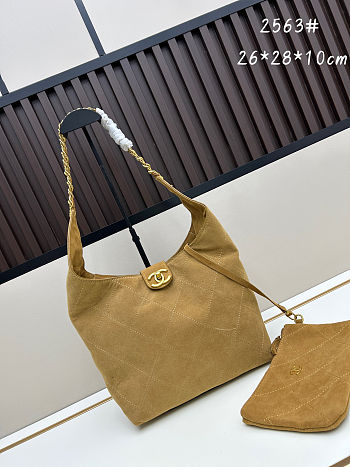 CHANEL Suede Stitched Hobo Beige 26x28x10cm
