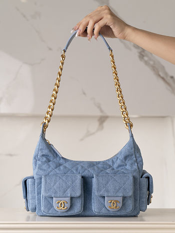Chanel Large Cargo Hobo Bag Light Blue Washed Denim Brushed Gold Hardware size 22x31x15cm