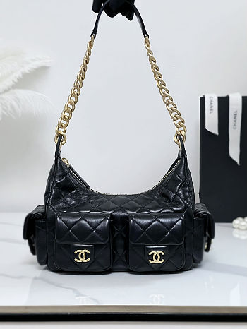 Chanel 25C Shiny Lambskin Shoulder Bag Black size 22x31x15cm