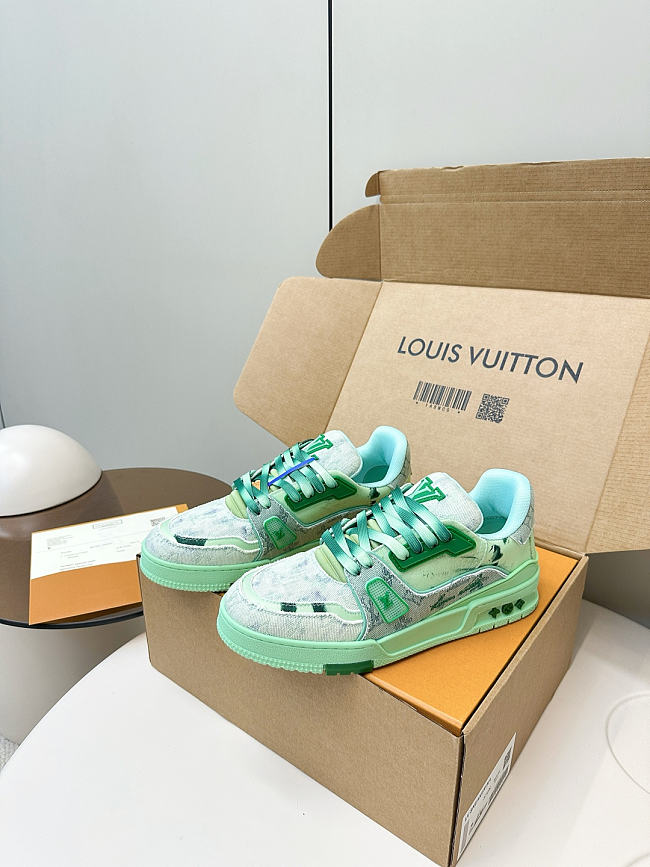 Louis Vuitton LV Trainer Green Bleached Monogram Denim - 1